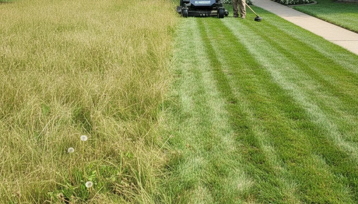 Before and after lawn mowing showing yard transformation by Chop Chop Landscaping in St Louis, MO