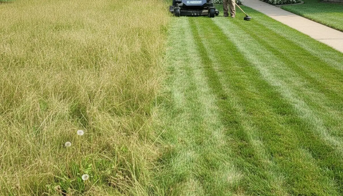 Before and after lawn mowing showing yard transformation by Chop Chop Landscaping in St Louis, MO