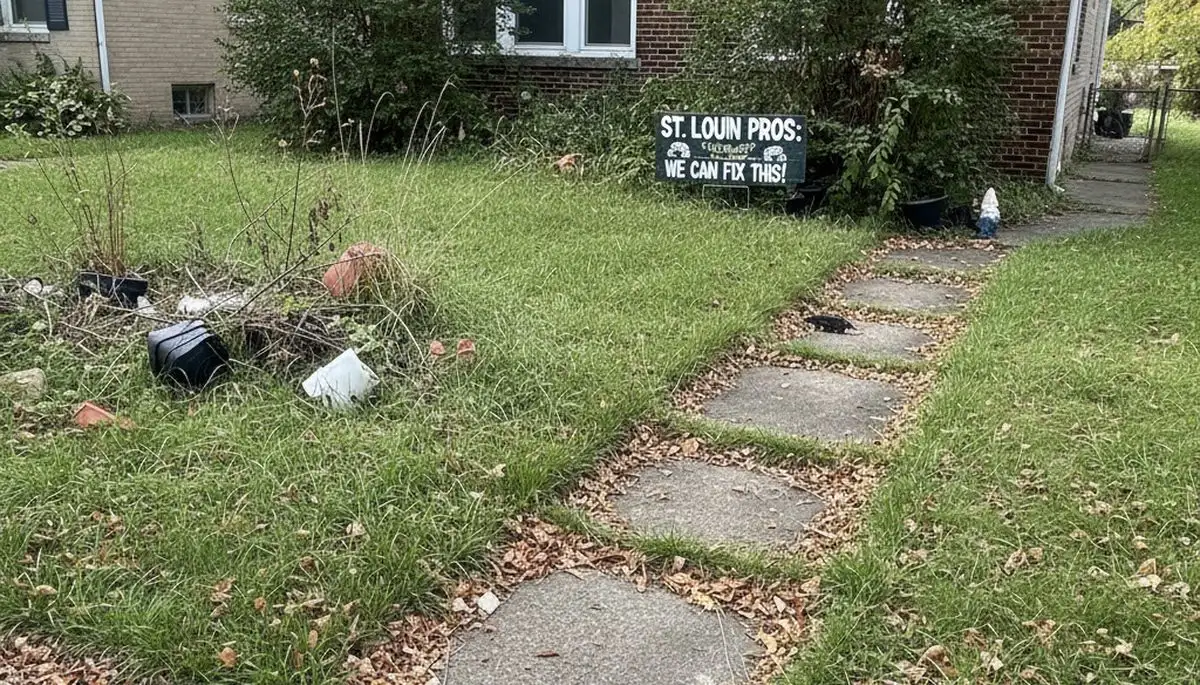 Overgrown lawn before professional landscaping service in St Louis MO by Chop Chop Landscaping