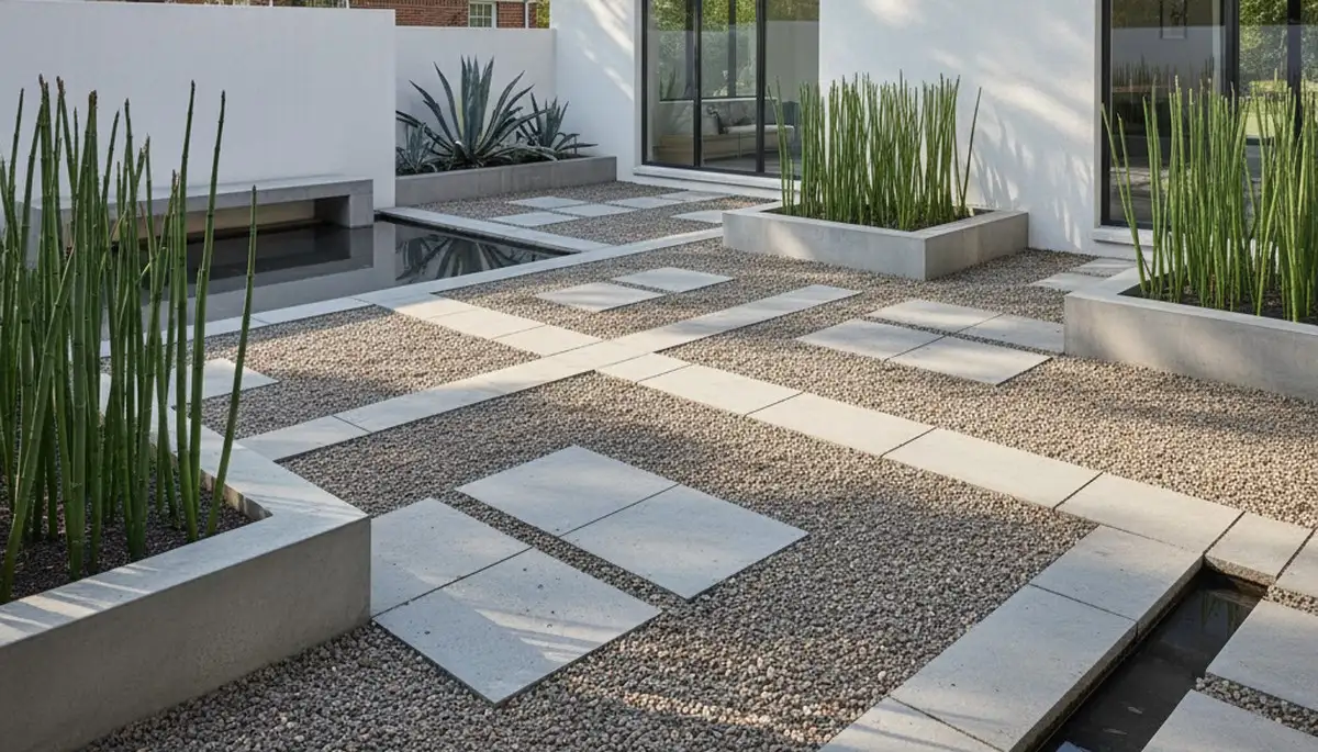 Modern pea gravel landscape with geometric design and plants in St Louis, MO by Chop Chop Landscaping