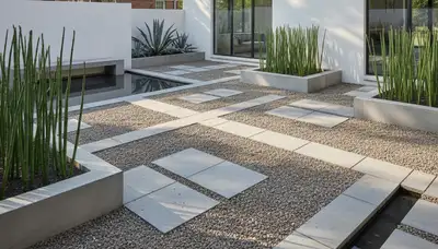 Modern pea gravel landscape with geometric design and plants in St Louis, MO by Chop Chop Landscaping