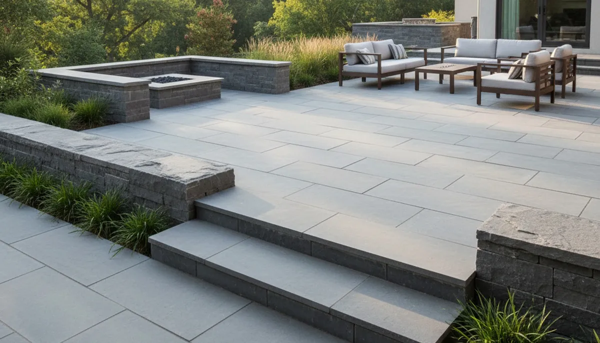 Contemporary large stone slab patio installation by Chop Chop Landscaping in St Louis, MO
