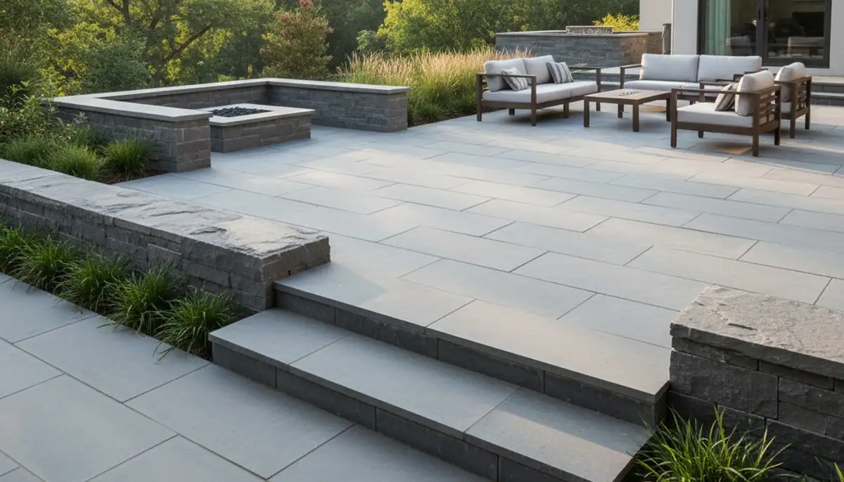 Contemporary large stone slab patio installation by Chop Chop Landscaping in St Louis, MO