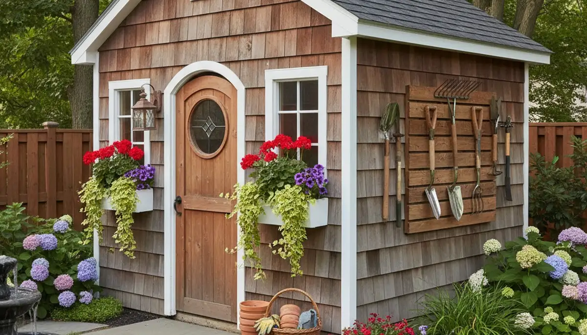 Decorative garden shed with landscaped yard by Chop Chop Landscaping in St Louis, MO