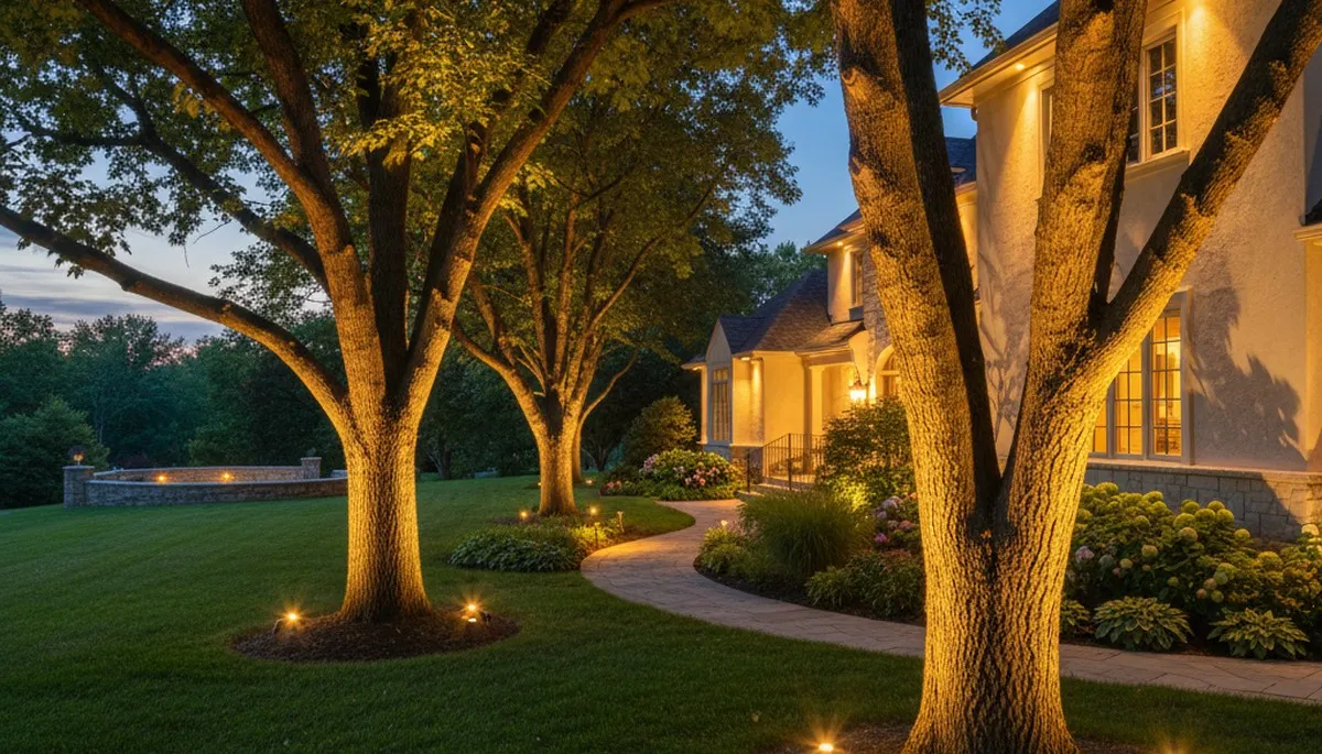 Dramatic tree uplighting design illuminating mature trees in landscaped yard, St Louis MO