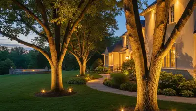 Dramatic tree uplighting design illuminating mature trees in landscaped yard, St Louis MO