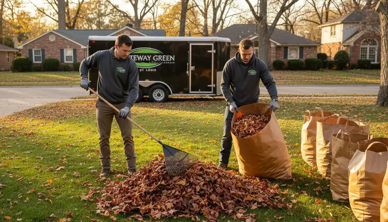 Technicians performing fall leaf removal during professional yard clean up in St Louis, MO