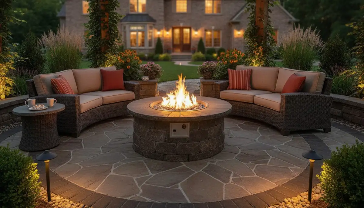 Fire pit patio with seating and paver design by St. Louis landscapers serving Madison, IL homes
