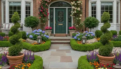 Front yard curb appeal landscaping with colorful plants and shaped shrubs in St Louis, MO