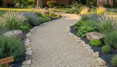 Pea gravel garden pathway with natural plantings in St Louis, MO by Chop Chop Landscaping