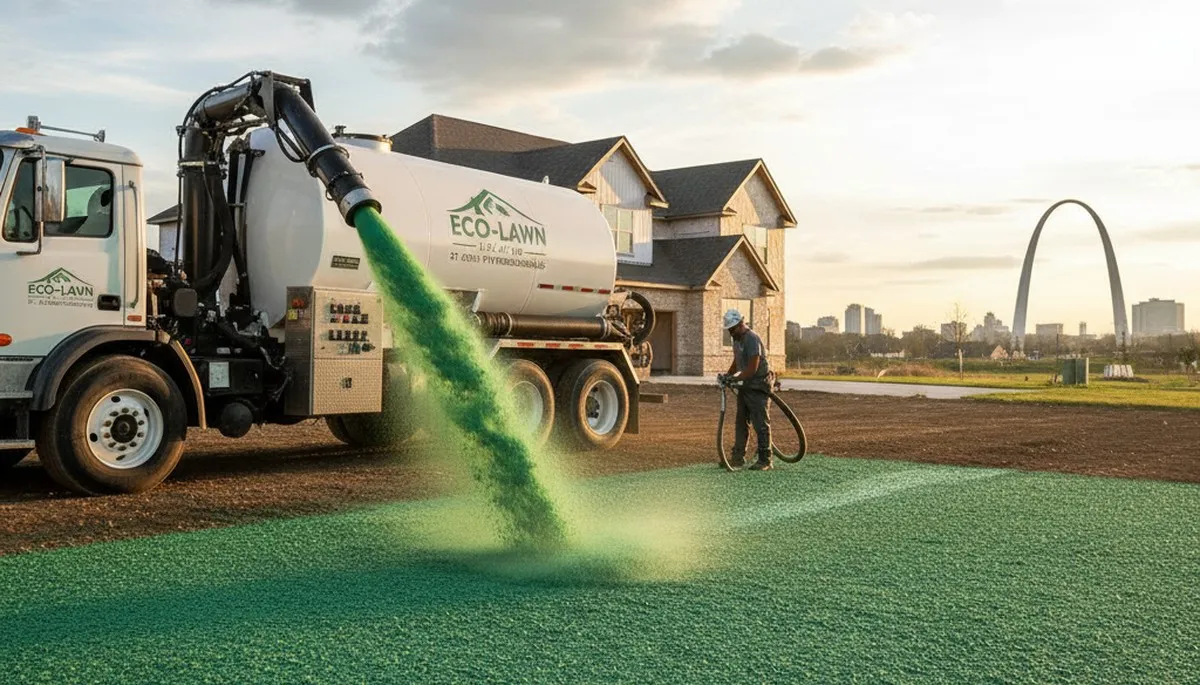 Hydroseeder truck spraying green hydroseed slurry on new lawn in St Louis, MO landscaping project