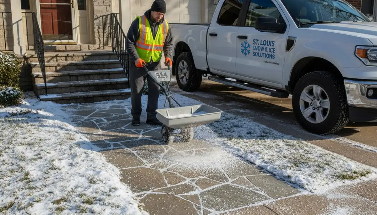 Professional de-icing and salt application on pavement by Chop Chop Landscaping in St Louis, MO