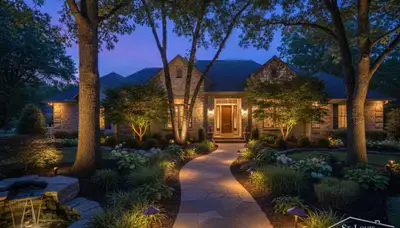 Dusk landscape lighting highlights pathways and gardens at a St Louis, MO home by Chop Chop Landscaping