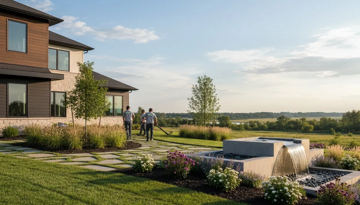Landscaping crew servicing St. Louis, MO lawns for mowing, edging, and seasonal care