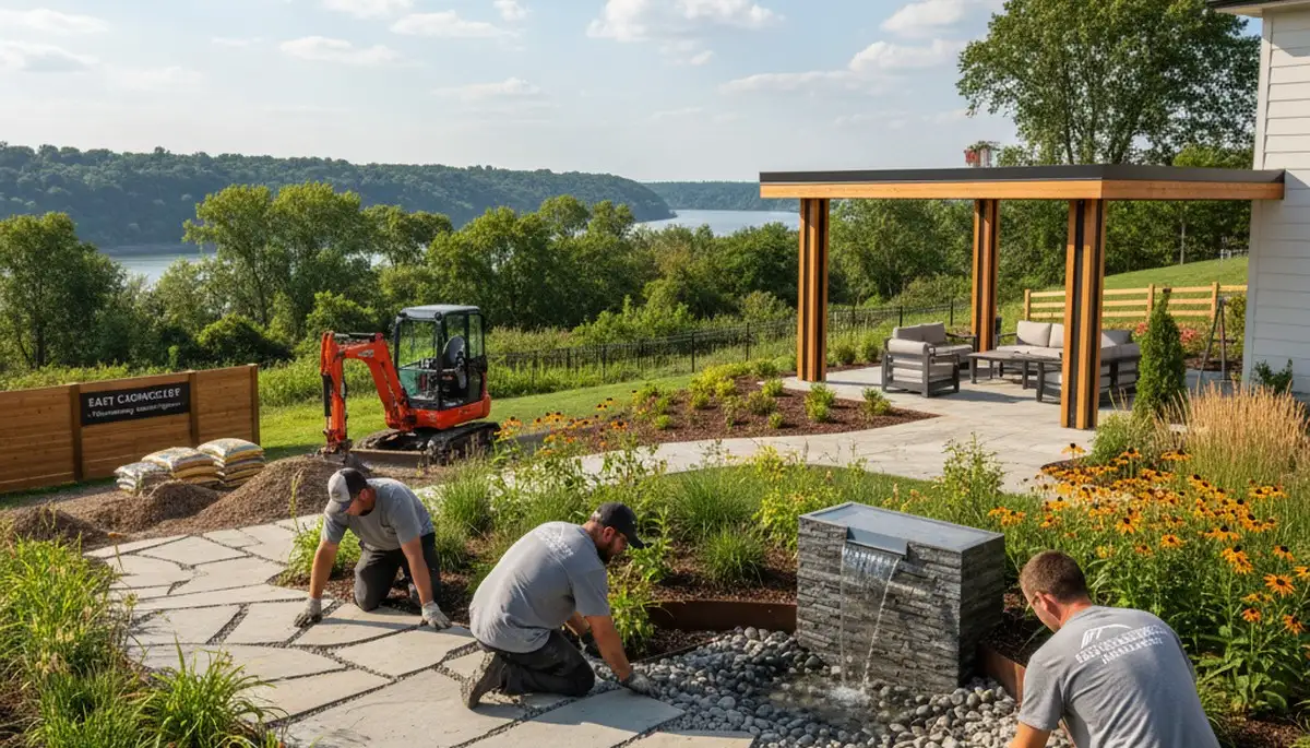 Landscaping crew providing lawn care service in St. Louis, MO
