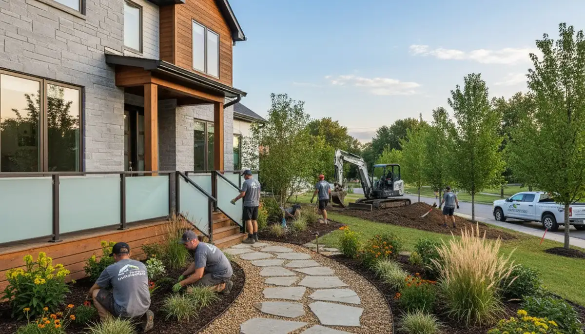 Landscaping crew providing lawn care services in St Louis, MO