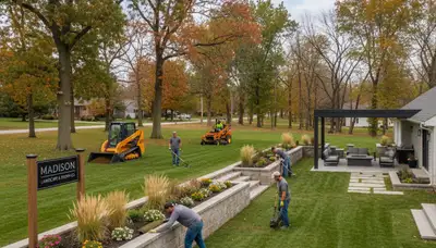 Landscaping crew providing lawn care services in St. Louis, MO