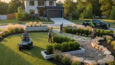 Landscaping crew provides lawn care services in St Louis, MO for residential properties