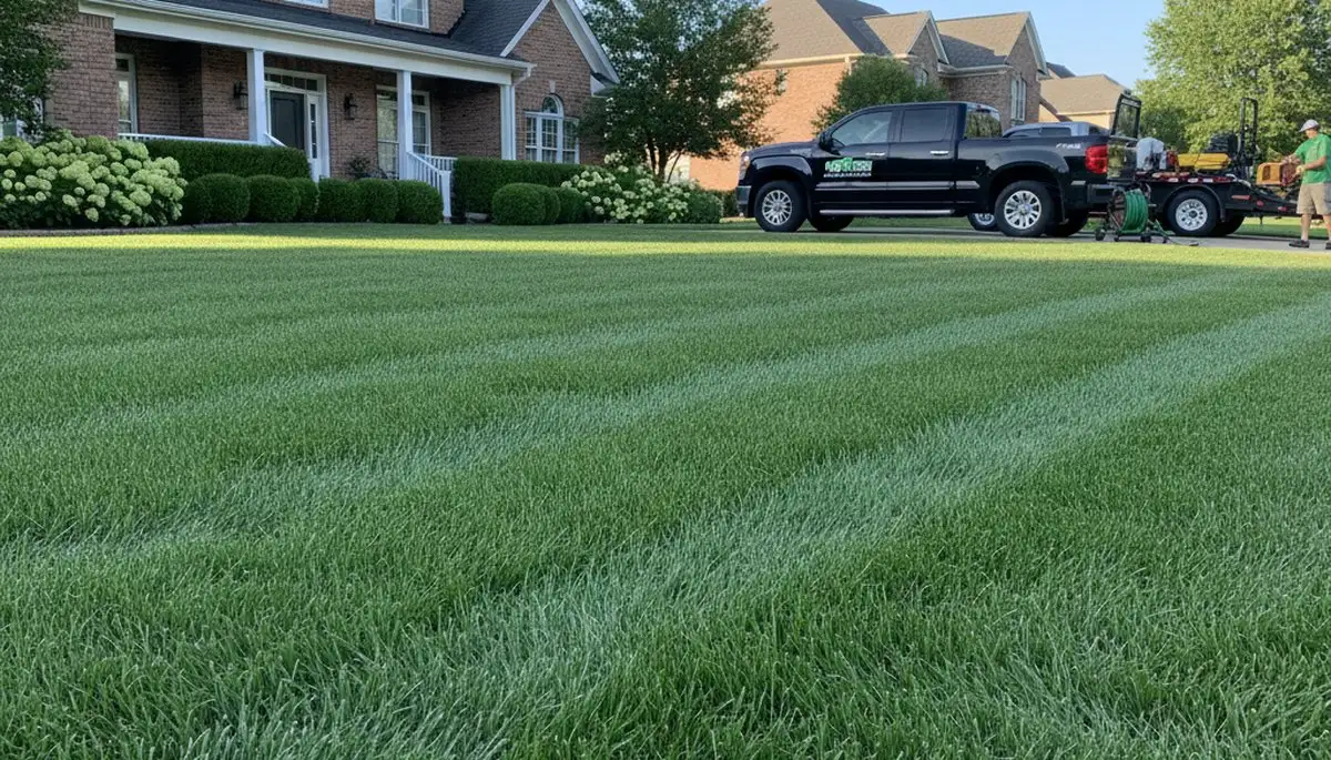 Lush green residential lawn in St Louis, MO showing professional landscaping and healthy turf results