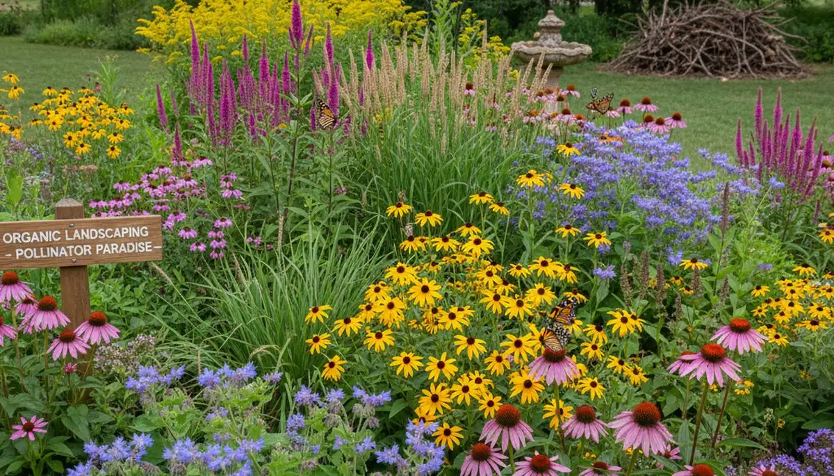 Vibrant native pollinator garden with flowering plants and butterflies by organic landscapers in St Louis MO