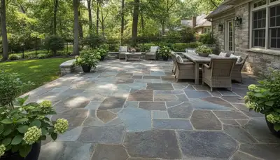 Natural flagstone patio with slate pavers installed by landscaping professionals in St Louis, MO