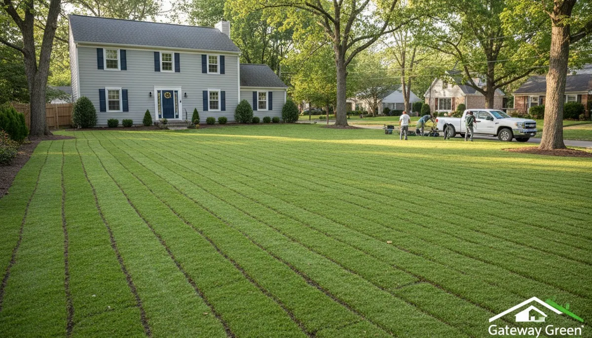 Freshly installed green sod showing instant lawn transformation by landscapers in St Louis, MO