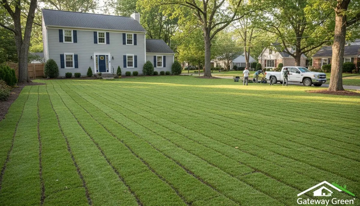 Freshly installed green sod showing instant lawn transformation by landscapers in St Louis, MO