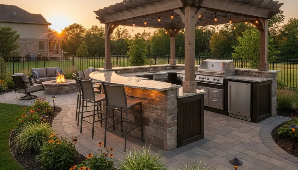 Luxury outdoor kitchen with stone counters and pergola by St. Louis MO landscapers serving Madison IL homes