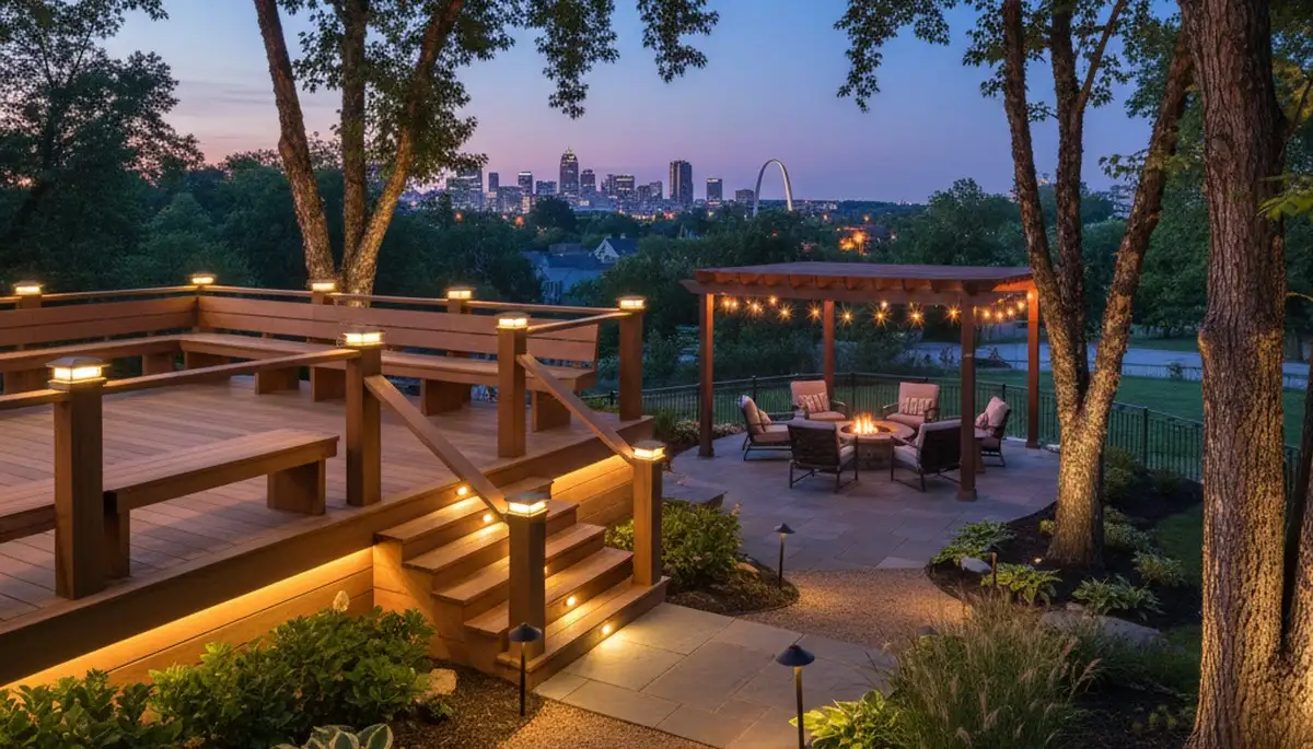 Evening patio with post cap and step lighting by Chop Chop Landscaping in St Louis, MO