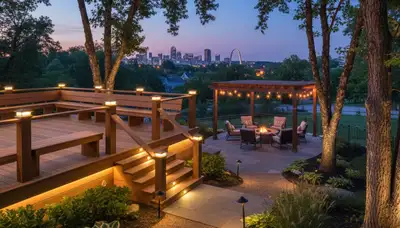 Evening patio with post cap and step lighting by Chop Chop Landscaping in St Louis, MO