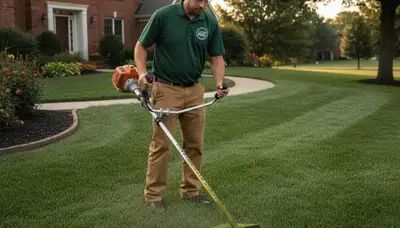 Technician performing precision lawn edging with string trimmer in St Louis, MO lawn maintenance service
