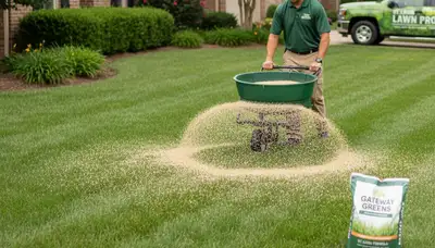 Lawn care technician fertilizing residential turf with spreader in St Louis, MO lawn maintenance service