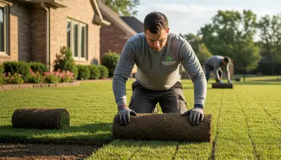 Professional landscaper installing fresh sod rolls with precision in St Louis, MO lawn care project