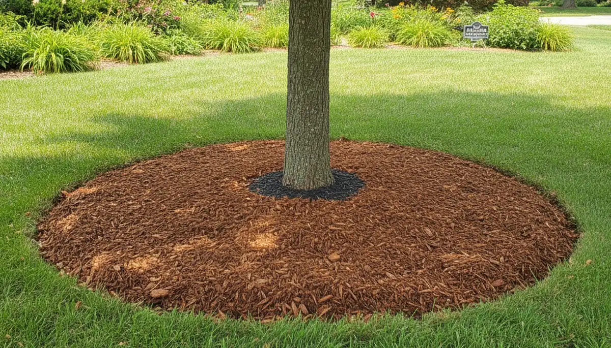 Professional circular mulch ring around tree base in St Louis MO by Chop Chop Landscaping