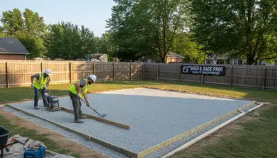 Professional shed foundation preparation with leveled gravel base in St Louis, MO landscaping project