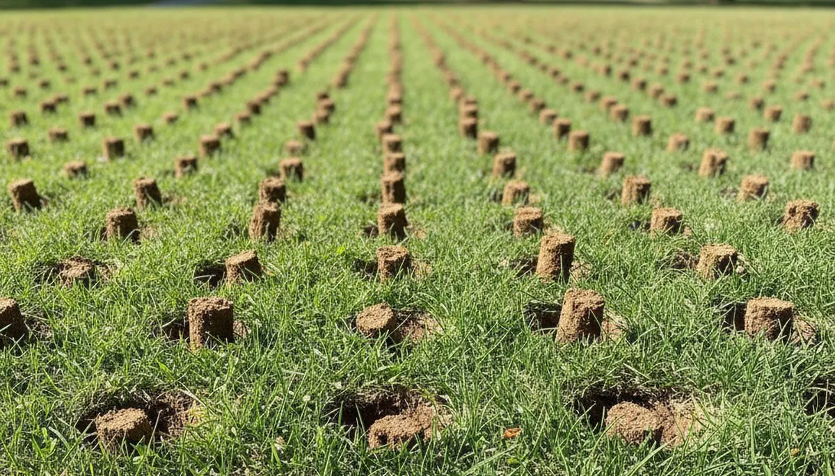 Close-up of soil core plugs after lawn aeration on St Louis MO turf by Chop Chop Landscaping