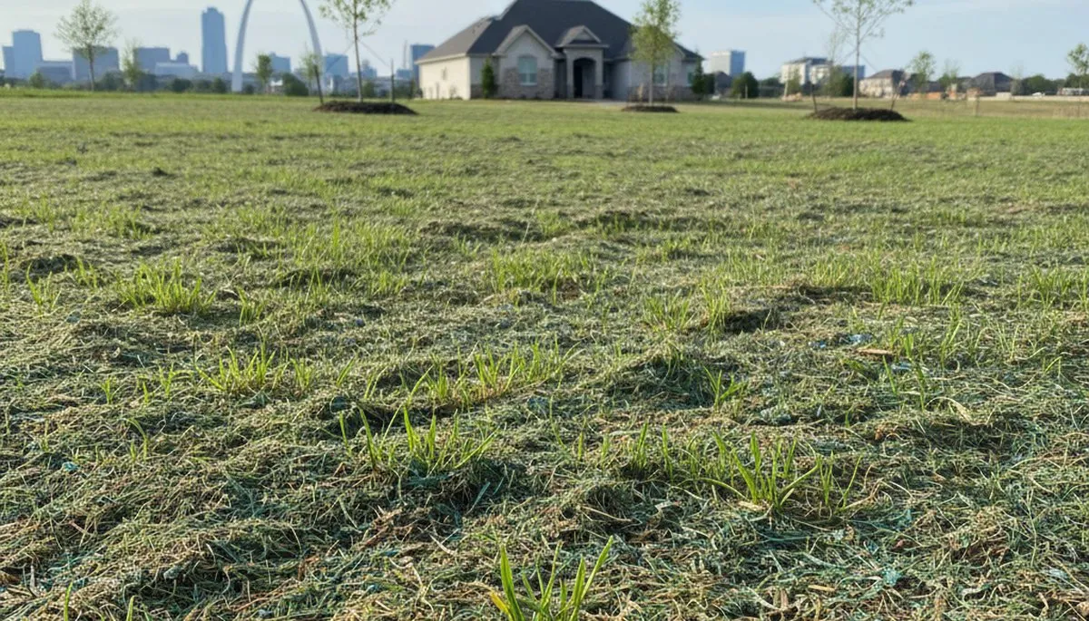 Hydroseeding grass germination success in St Louis MO showing new lawn growth by Chop Chop Landscaping