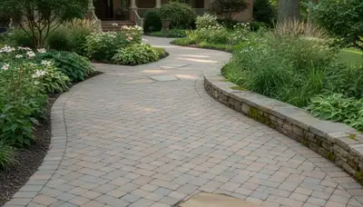 Curved stone paver pathway expertly installed in St Louis, MO residential landscape by Chop Chop Landscaping