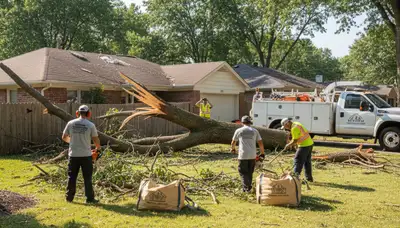 Storm damage debris cleanup by landscaping crew in St Louis, MO restoring yard after severe weather