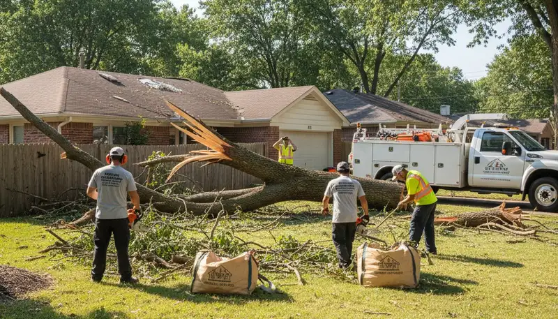 Storm damage debris cleanup by landscaping crew in St Louis, MO restoring yard after severe weather