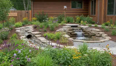 Sustainable rain garden water feature with native plants in organic landscaping, St Louis MO