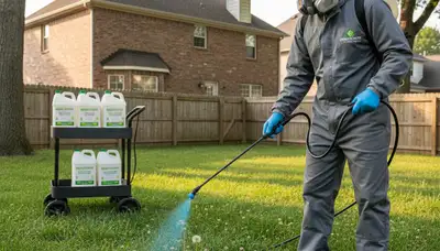 Lawn care professional applying targeted weed control treatment in St Louis, MO with precision sprayer