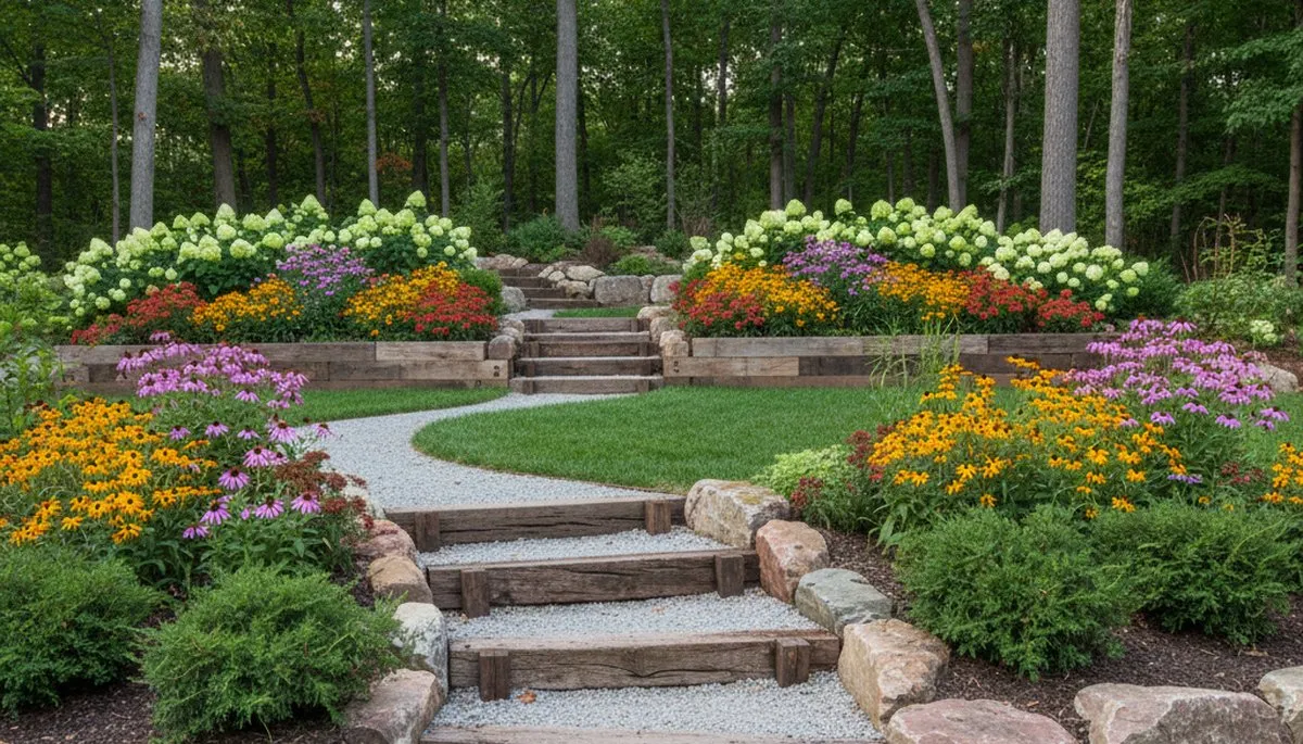 Terraced garden with timber steps and native plants by St Louis landscapers in Madison, IL