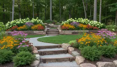 Terraced garden with timber steps and native plants by St Louis landscapers in Madison, IL